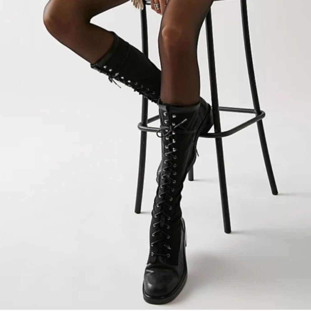 Free People Trickum Black Leather Mesh Knit Zip Tall Boots size 39 - Picture 2 of 15